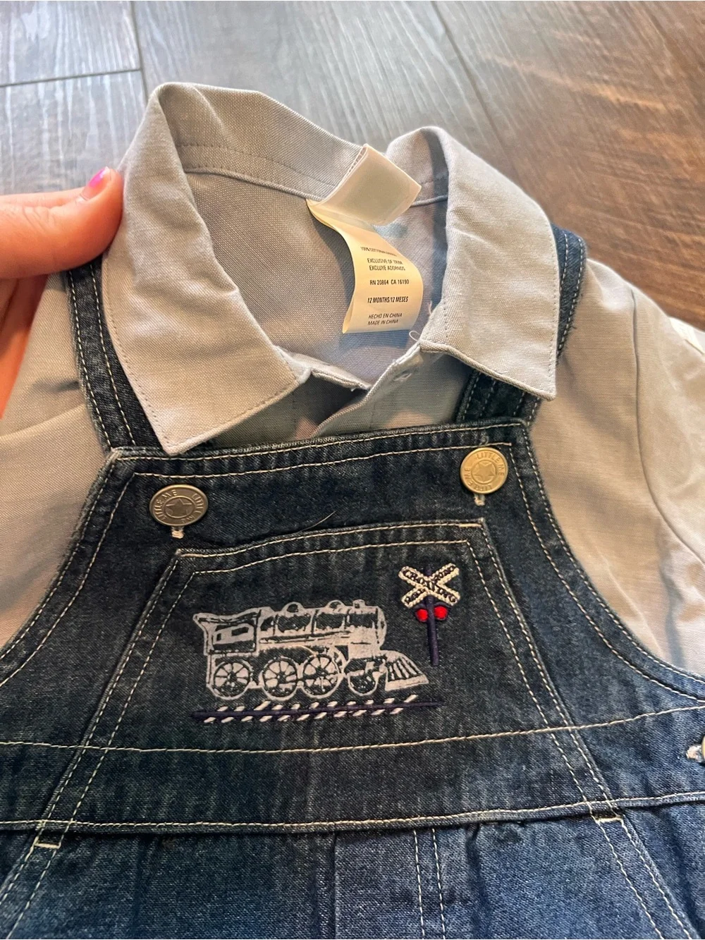 Little Me Navy Denim Short Overalls with Light Gray Polo